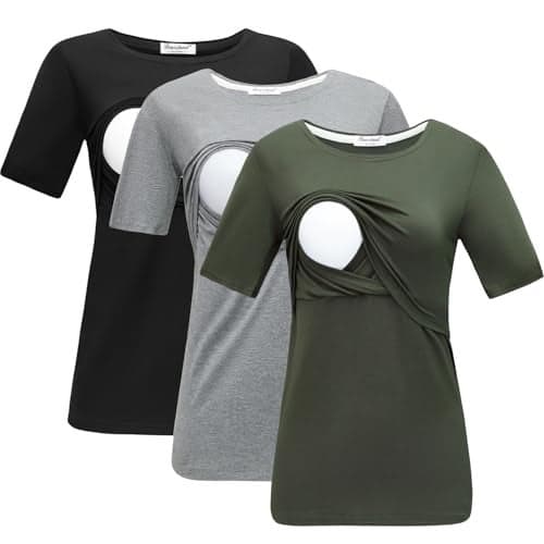 Bearsland Women's Maternity Nursing Tops Modal Comfy Short Sleeve Breastfeeding Clothes,blackgraygreen,M