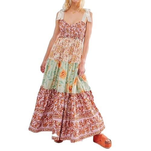 ABYOVRT Women Floral Maxi Dress Sleeveless Tie Shoulder Bohemian Flowy Smocked Dresses Casual Summer Sundress with Pockets(Light Purple,S)