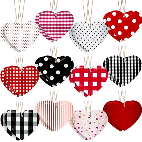 Zomiboo 24 Pcs Valentines Heart Ornament Valentine's Day Hanging Red and Pink Decoration Wood Tag Buffalo Plaid Heart Ornament for Craft Wedding Home Anniversary Birthday Party Decor(Plaid Style)