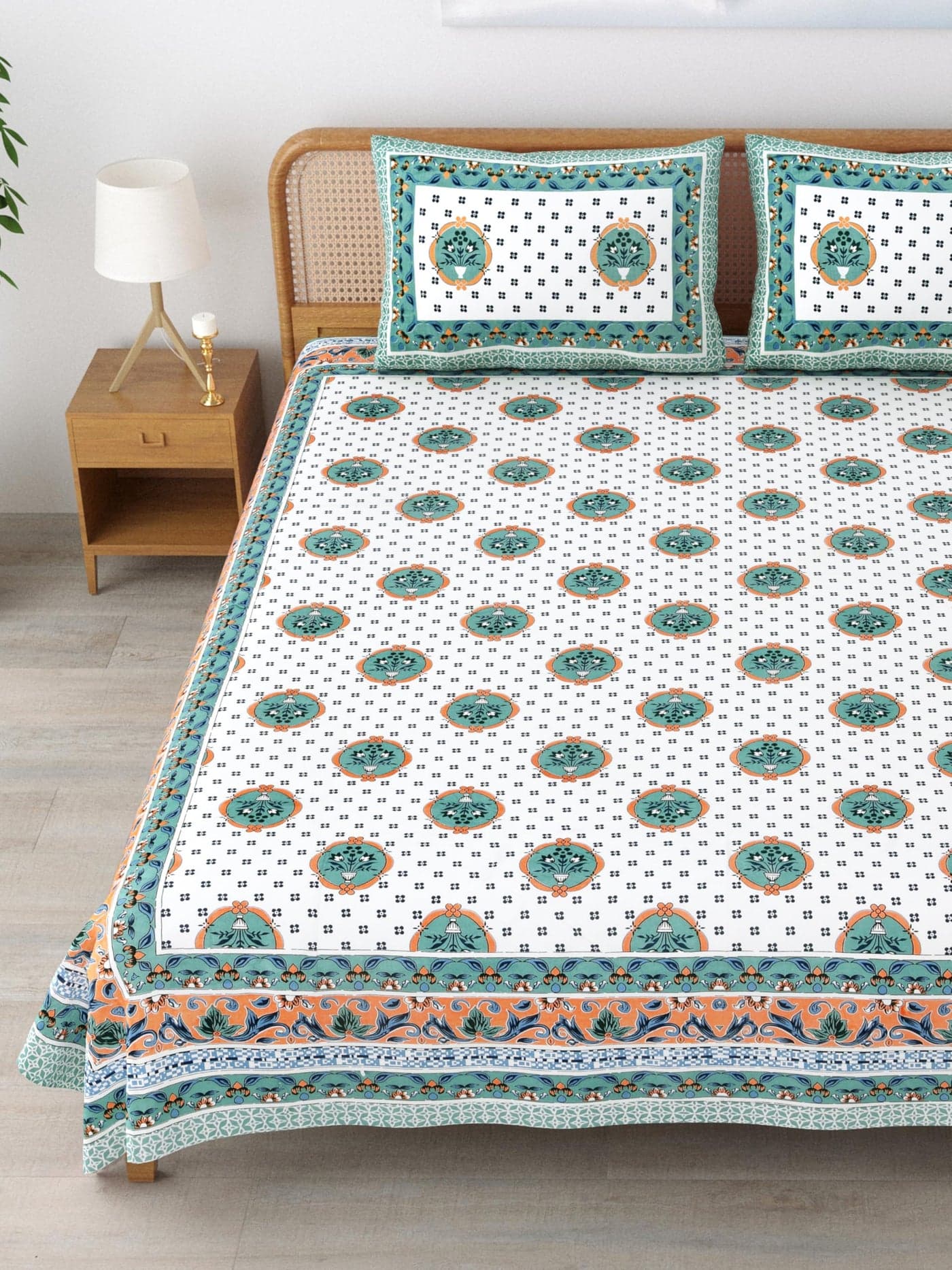 Mafatlal Sanskriti Cotton King Size Bedsheet | 90 x 108 Inches | 144 TC | Handcrafted Jaipuri Chadar | Soft, Breathable & Comfortable | Gray Teal