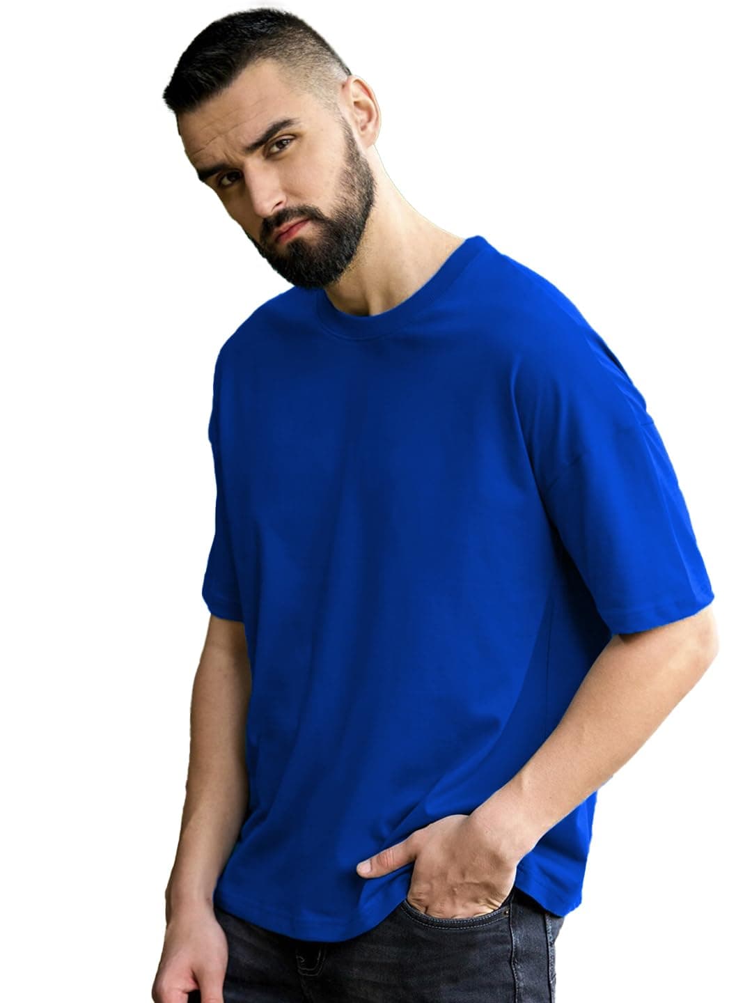 LEOTUDE Men's Oversized Half Sleeve Round Neck Cottonblend Tshirt (FS49_Plain_Blue_C1_P_Blue_M)
