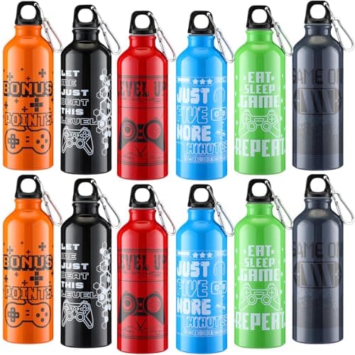 SiliFine 12 Pcs 17oz Gaming Water Bottle Sports Insulated Water Bottle with Hook, Funny Quote Travel Aluminum Mug for Iced Coffee, Video Game Party Favors & Gamer Birthday Gifts (Multicolor)