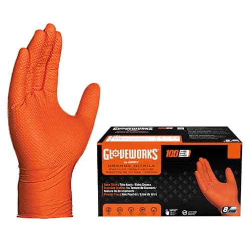 GLOVEWORKS Orange Nitrile Work Gloves 8 Mil Disposable Heavy Duty Raised Diamond Grip Mechanic Glove Large Box of 100