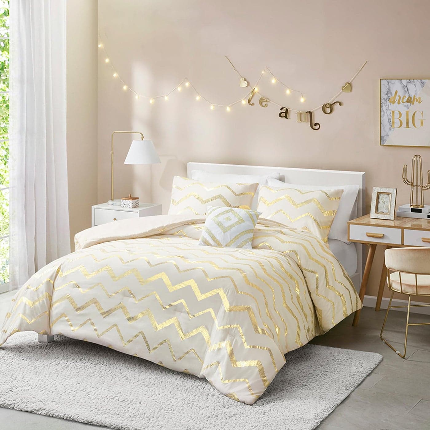 Codi White and Gold Bed Comforter Set Cute Queen and Full Size Golden Teen Girls Bedding 4 Pieces All Seasons Warm