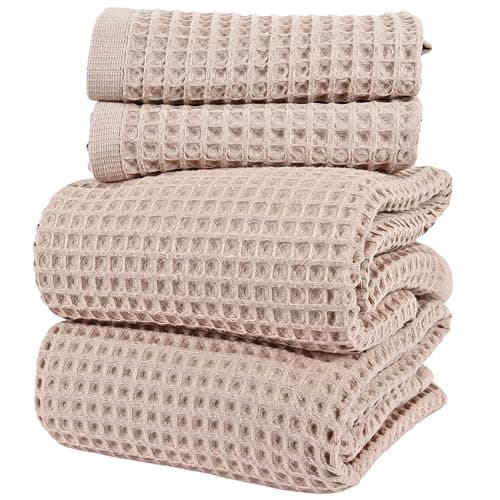 PSKL 4Piece Natural 100 Turkish Cotton Luxury Waffle Towels for Bathroom Premium Honeycomb Weave 2 Hand Towel 2 Bath Towel Set Soft Absorbent QuickDry Lightweight Towels Beige
