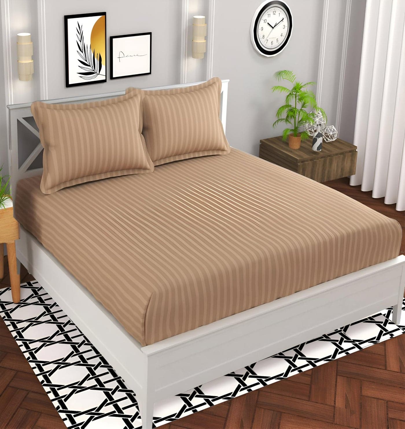 STARNSTYLE 220 Cotton Feel Glace Cotton Double Bedsheet with 2 Pillow Cover (90x90 inch) Beige