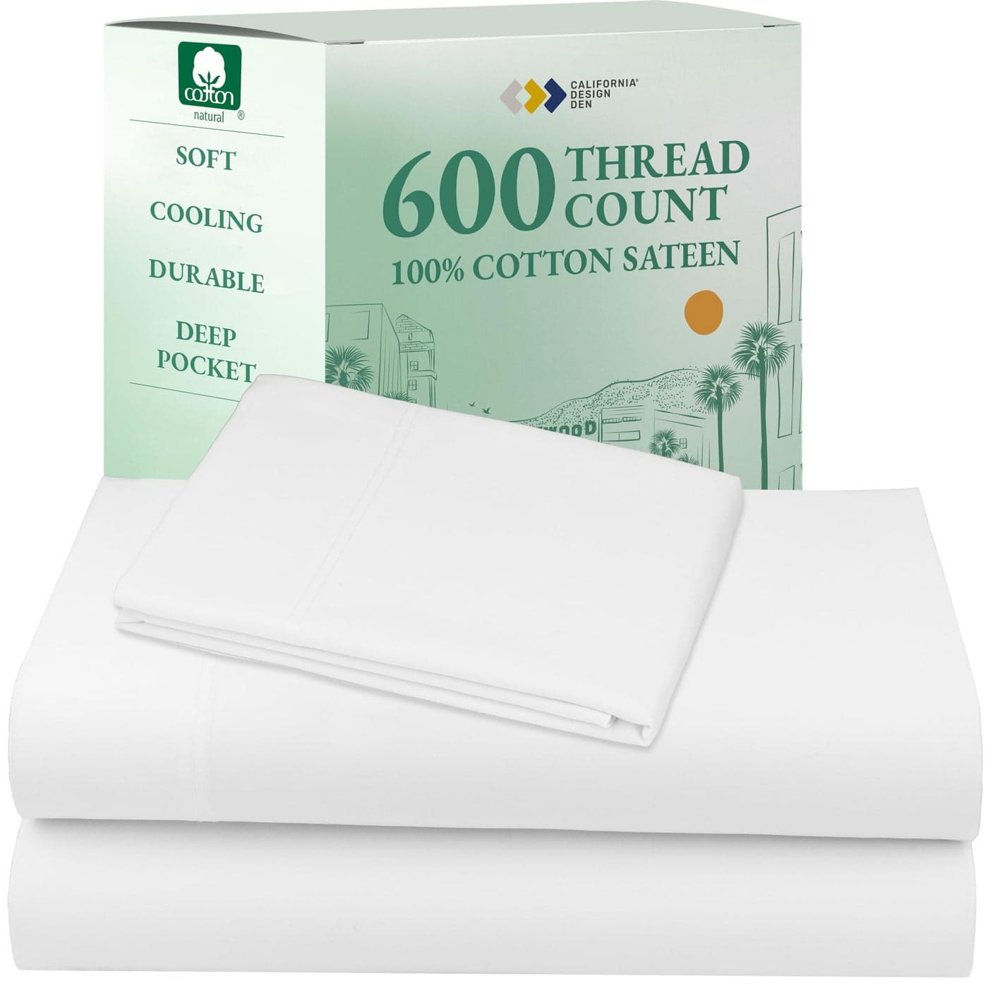 California Design Den XL Twin Sheets Set Luxury 600 Thread Count 100 Cotton Sateen Twin XL Sheet Set with All Around Elastic for a Snug Fit Hotel Quality Bedding White