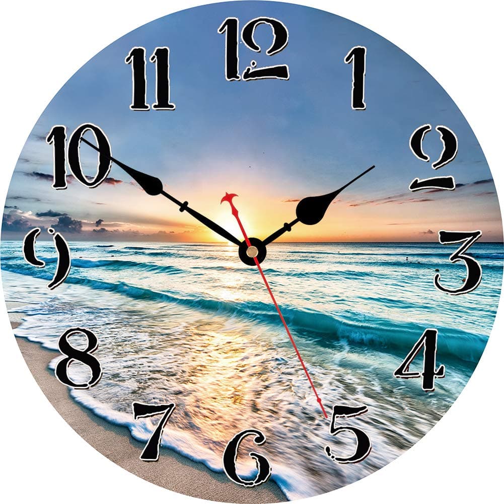 VIKMARI Kitchen Wall Clock Home Decorative Wall Clock14 Inch Silent NonTicking Quartz Battery Operated Clock Easy to Read Round Arabic Numerals Ocean Wave Pattern Wooden Wall Clocks