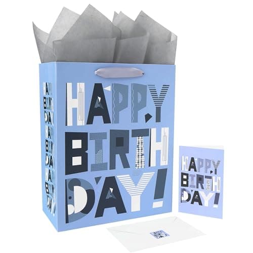 wishinside 13 Large Silvery Gift Bag Set with Greeting Card and Tissue Papers Grey Happy Birthday for Mens Birthday Party Father Grandpa Kids Parties Baby Boy 102x52x13 1 Pcs