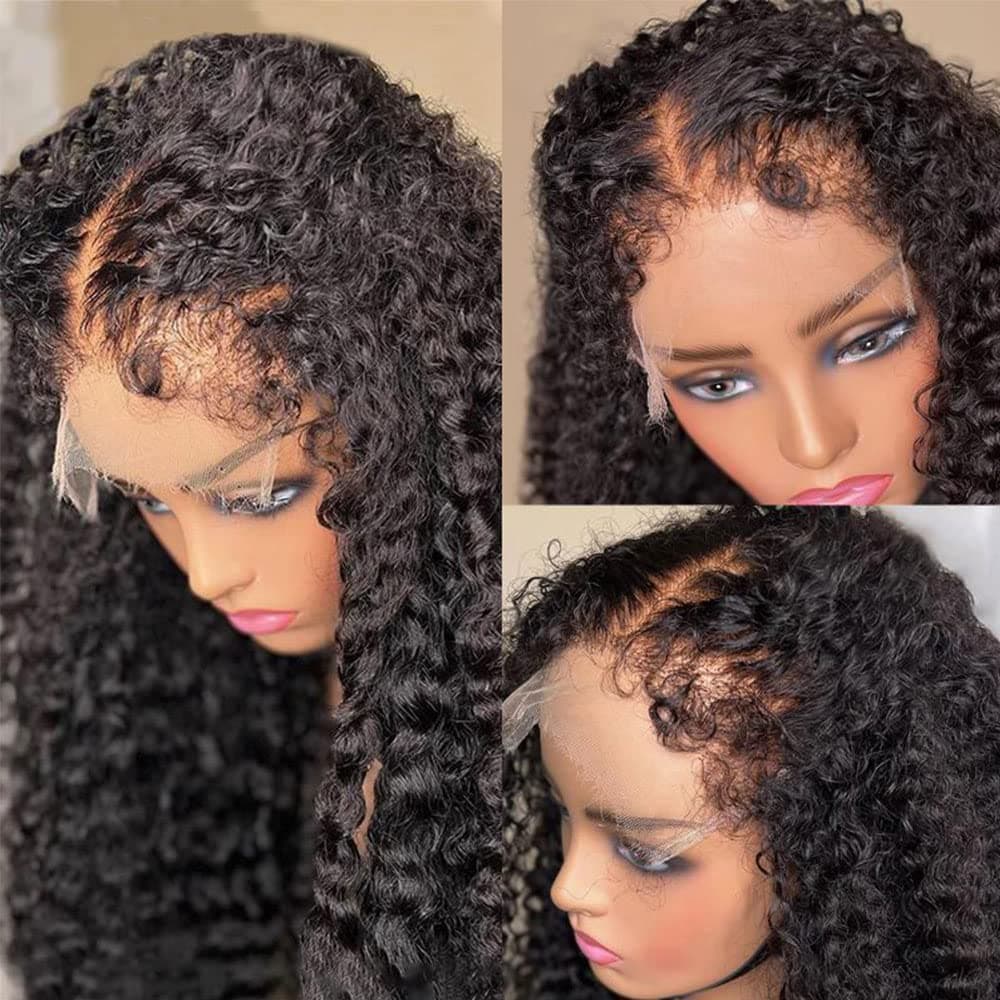 Youleas 180 Density 13x4 Kinky Curly Edges Baby Hair Lace Wig Deep Wave Curly Lace Front Human Hair Wigs Kinky Curly Edges Hairline Transparent HD Lace Frontal Wig 20inches