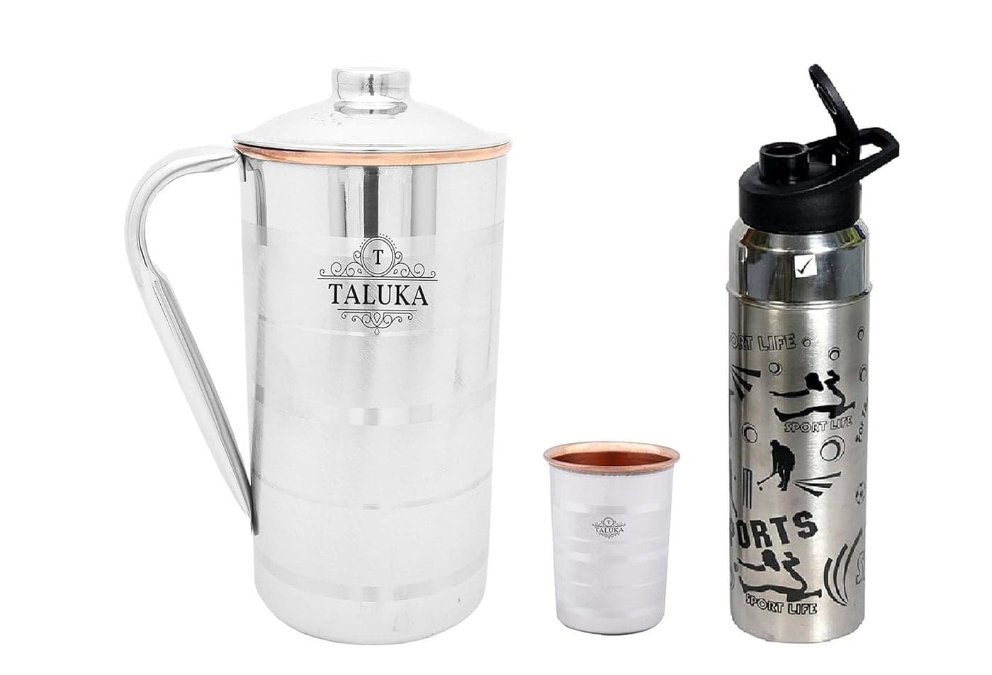 Taluka Stainless Steel Copper Jug 2000 ML for Drinking Water with 1 Steel Bottle and 1 Steel Copper Glass 350 ML Water Storage