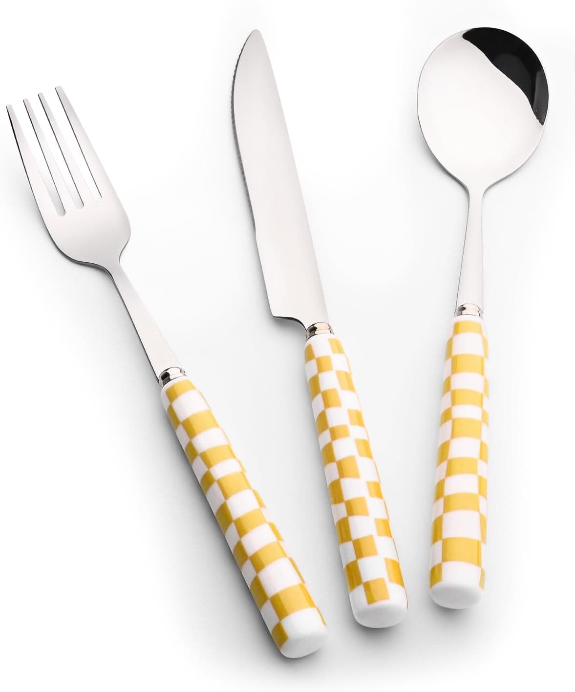Koythin 3Piece Cutlery Set Stainless Steel Flatware Sets with Yellow Checkerboard Pattern Ceramic Handle Utensils including Knife Fork Spoon Yellow