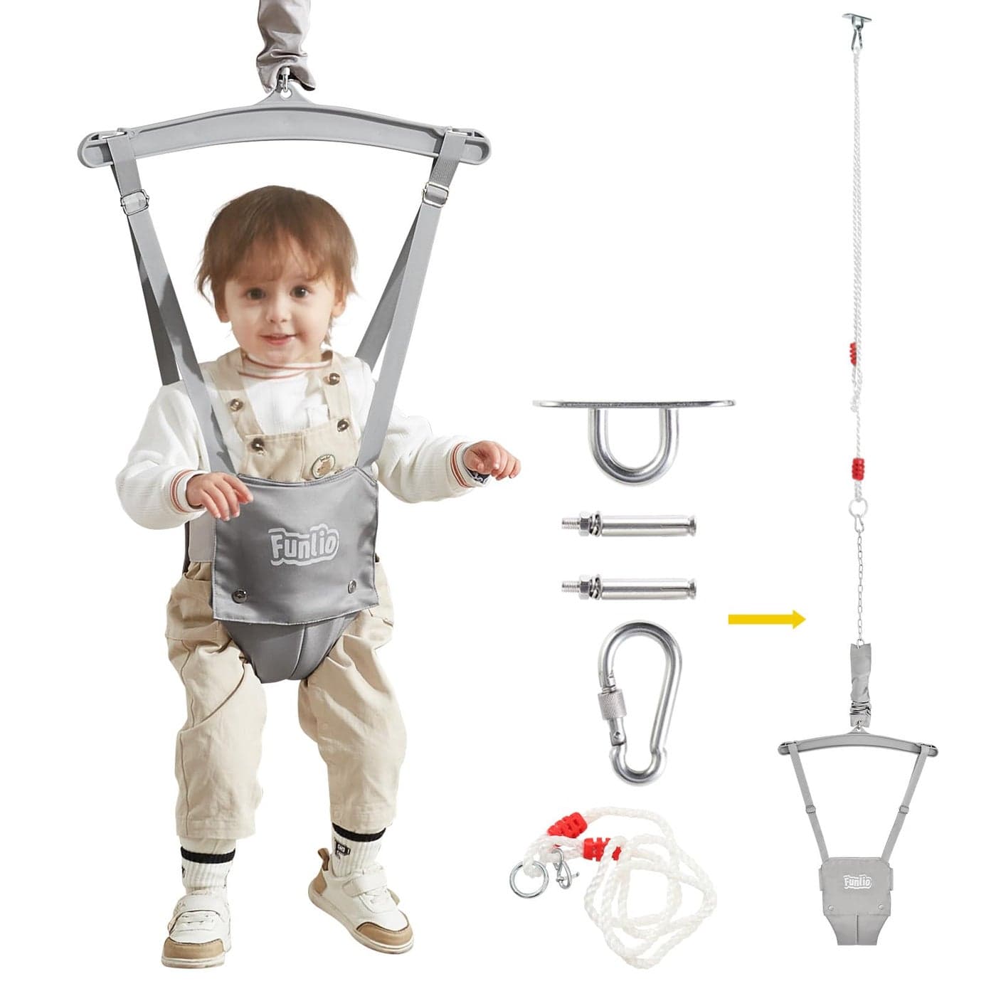 FUNLIO Baby Jumper with a Ceiling Hook for 624 Months Baby Door Jumper for IndoorOutdoor Play Infant Jumper Doorway with Adjustable Chain Easy to Assemble Store with a Ceiling Hook Grey