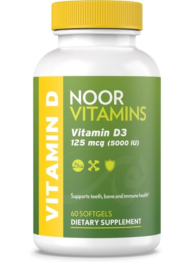 Noor Vitamins Halal Vitamin D, Halal Vitamin D3, 5000 IU Softgels, Supports Bone, Immune & Heart Health, from Safflower Oil to Maximize Absorption, Non-GMO, Gluten Free & Halal (60 Count)…