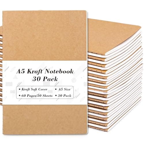 feela 30 Pack Kraft Notebooks, A5 60 Lined Pages Notebooks and Journals for Women Girls Students Making Plans Writing Memos Office School Supplies, 8.3 X 5.5 in