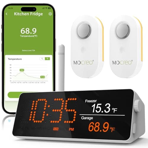 MOCREO WiFi Remote Thermometer Freezer Alarm 13 Mile Long Range IP66 Waterproof App Email Alert with Digital Monitor Hub 2 Smart Wireless Temperature Sensors for Fridge RV Greenhouse