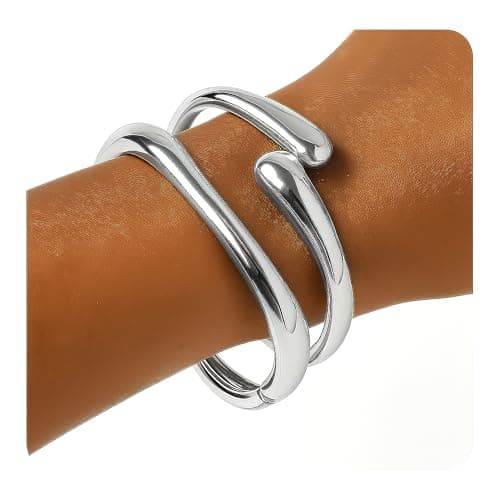 PEALICIOUS 2PCS Chunky Silver Bracelet, Chunky Bangles Silver Bangles for Women Adjustable Twist Cuff Bracelet Set as Chunky Silver Jewelry Bracelets Cuff Accessories for Party