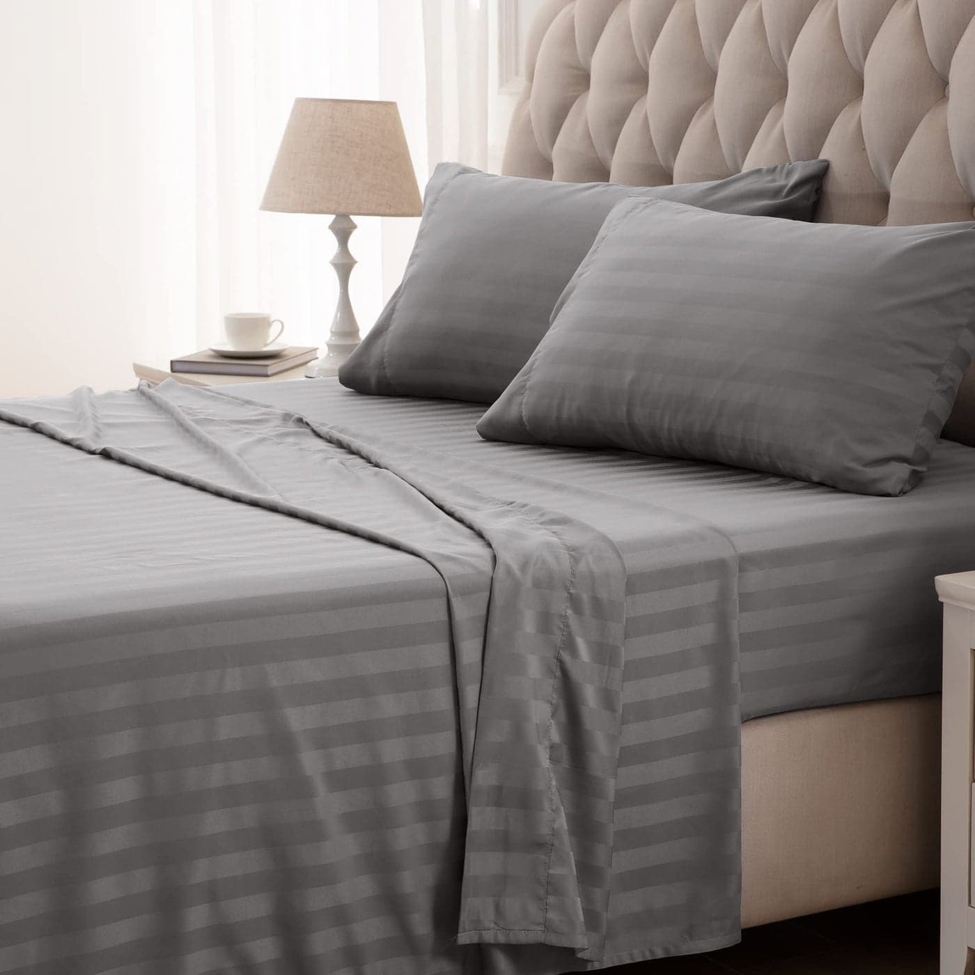 SLEEP ZONE Striped Cooling Queen Sheets Set Fitted Flat Sheet Pillowcase Sets 4 Piece Super Soft Stripe Bed Sheet Easy Care Deep Pocket Gull Grey Queen