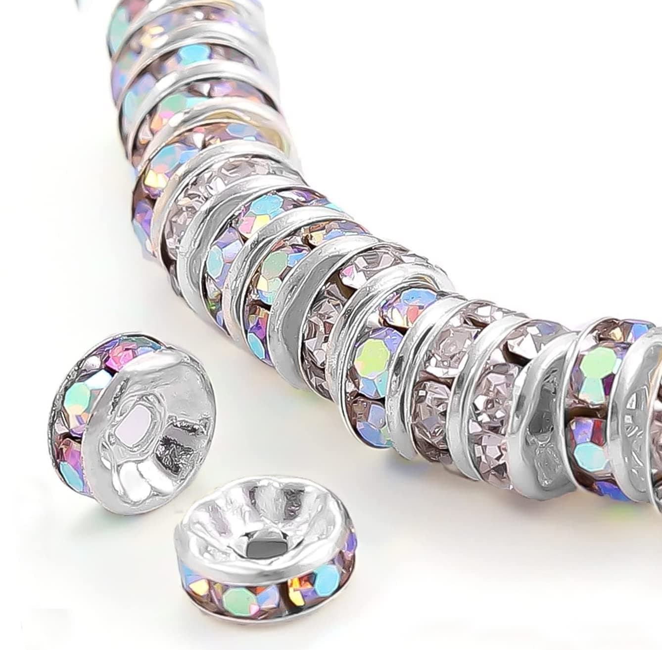 200Pcs 6mm Rondelle Spacer Beads Silver Plated AB Color Crystal Rhinestone for Jewelry Making Loose Beads for Bracelets