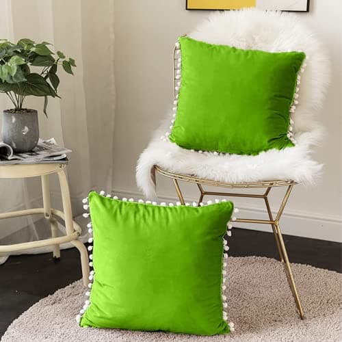 CottonFry Set of 2 Cushion Covers/Throw Pillow Covers Size 20"X20" Inches with Pom Poms, Soft Square Velvet Pillowcases Home Decor (Green, Pack of 2)