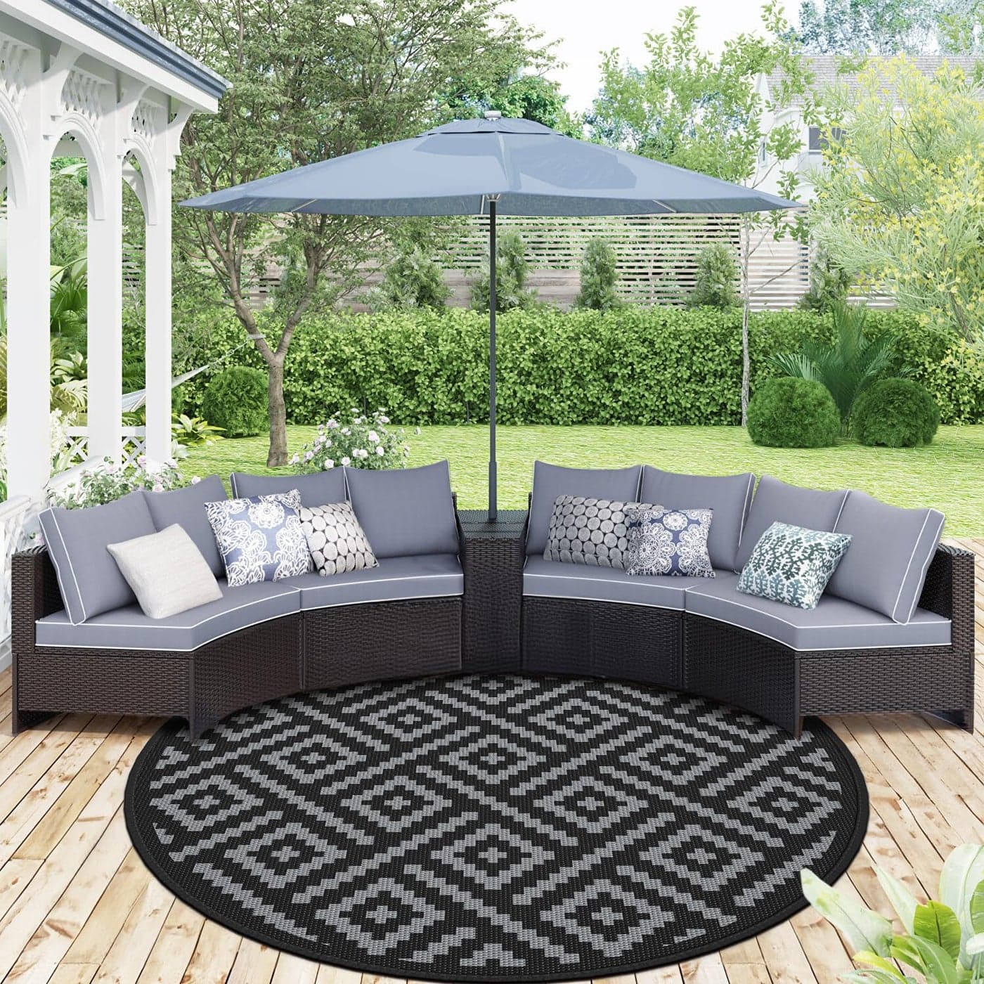 GENIMO 8 Round Outdoor Rug for Patios Clearance Reversible Plastic Straw Rugs RV Camping Mat for Camper Balcony Backyard Picnic Deck Black Gray
