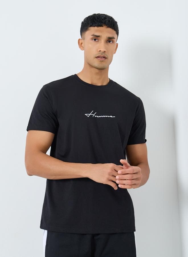 Men Black Slogan Print Crew Neck T-Shirt