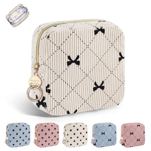 Playexen Period Bag for Teen Girls, Corduroy Cute Sanitary Napkin Storage Bag, Menstrual Pad Pouches Tampon Holder for Purse (Beige-Bow Tie)