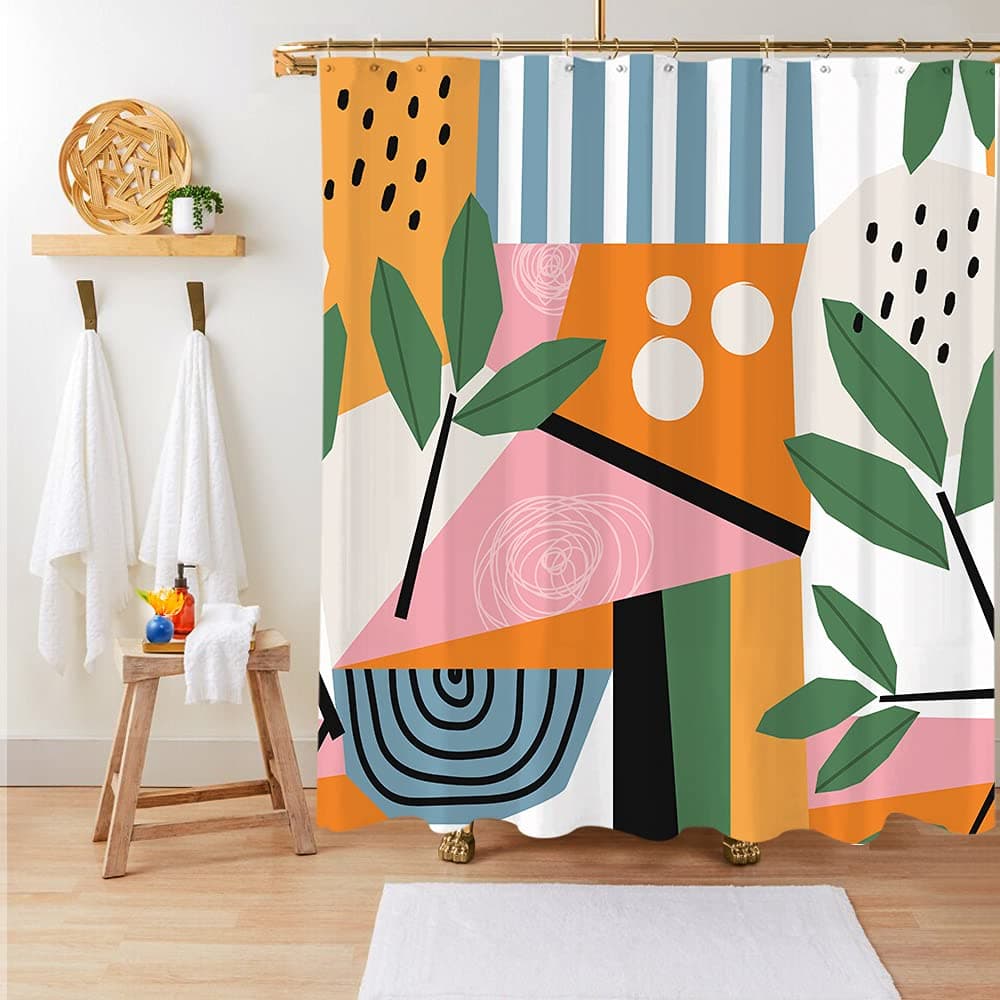 Miyotaa Abstract Minimalist Aesthetic Contemporary Shower Curtain Set 60Wx71H Inches Art Geometric Orange Leaves Plant Modern Polyester Waterproof Cloth Bathroom Curtain with 12 Hooks