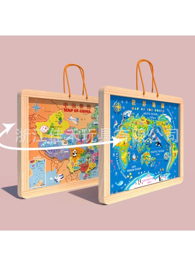 China Map World Map Magnetic Puzzle Children's Geographical Cognition Early Education Educational Wooden Toys Outlet-Color:2-in -1 Magnetic Puzzle-Map