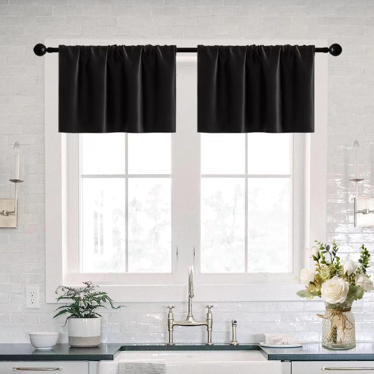 XTMYI 18 Inch Curtains Valances for Windows 2 Pack Rod Pocket Waterproof Curtains for Bathroom Window Small BasementBlack