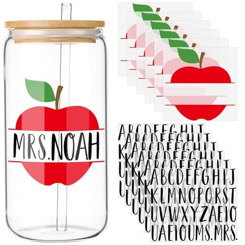Fullhawl 12 Sheets Teacher Apple UV Dtf Cup Wraps Back to School Custom Name UV Dtf Transfers Stickers for Glass Cups 16 20 40 oz First Day Teacher Appreciation Letters Vinyl Name Decals for DIY Craft