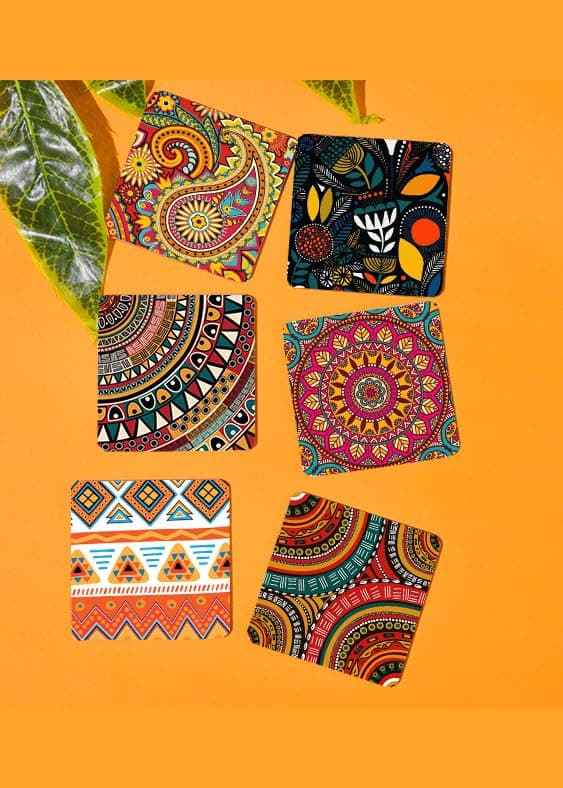 TAJNAN Printed Coasters Set of 6 Square Drink Coasters Colorful Mandala Design Table Protection for Home and Dining