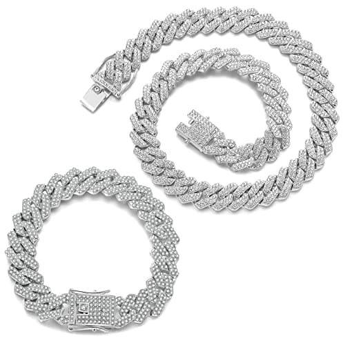 JUNVirtuous 2 Pieces Cuban Link Chain Mens Iced Out Miami Cuban Necklace and Bracelet Silver Bling Diamond Hip Hop Jewelry for Men and Women (Silver, 8" Bracelet and 20" Necklace)