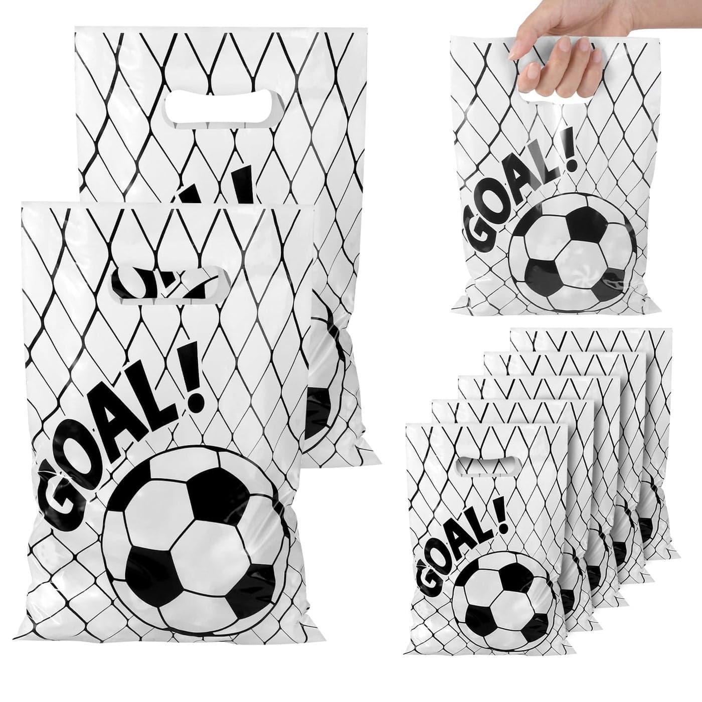 PEUTIER 50pcs Soccer Gift Bags Plastic Goodie Bags for Team Kids Teens Games Sports Events White