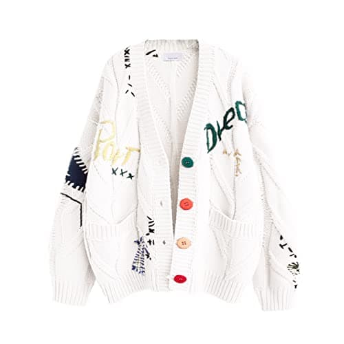 Women's Cable Knit Long Sleeve Open Front Cardigan Sheep V-Neck Button Down Embroidery Wool Blend Sweater Coat Outwear (XL,White)
