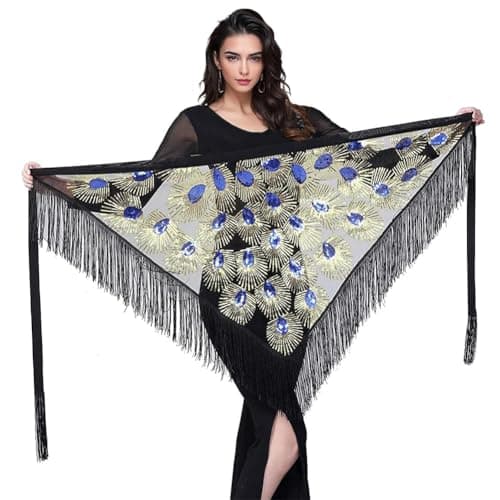 Women Belly Dance Hip Scarf Triangle Belt Skirt with Fringe (Blue)