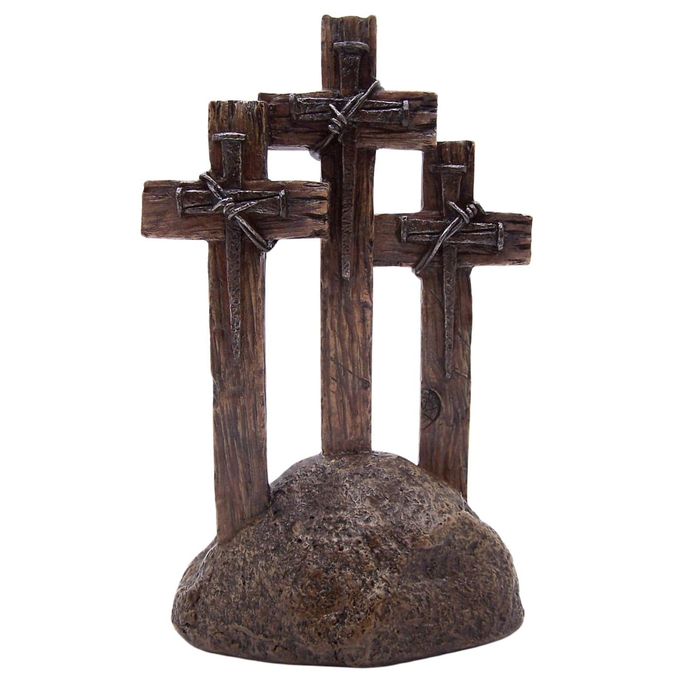 DeLeon Three Standing Nail Crosses on Top of Rock 11 Inch