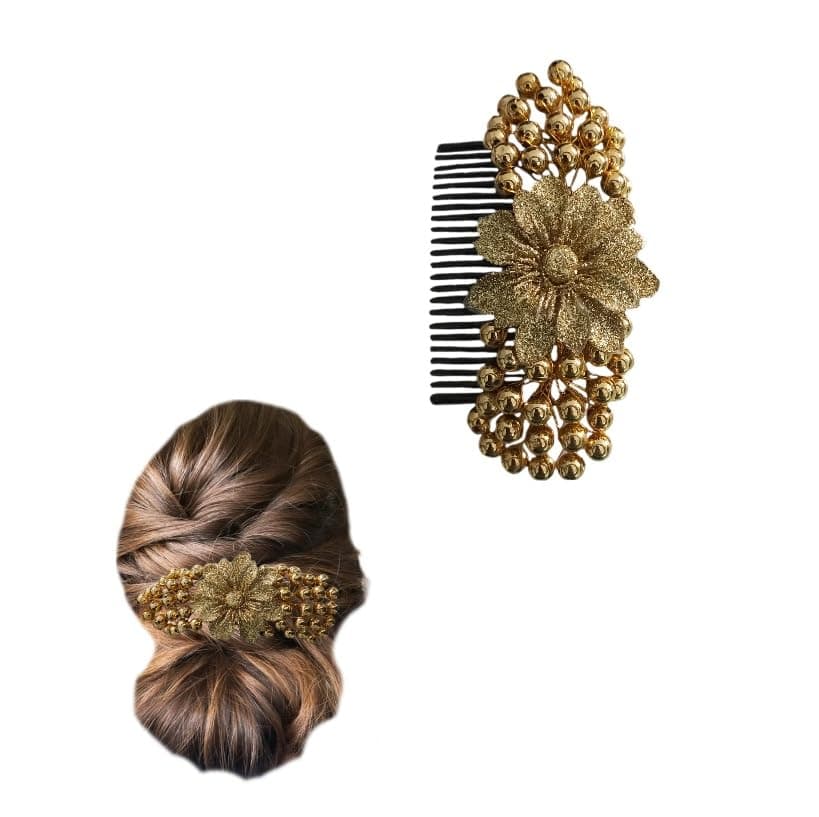 SUMRUNA Golden Color Artificial Short Single Flower Shimmering Attached with Golden Beads with Comb Hair Accessories Hair Brooch for Women's and Girl's pack of 1