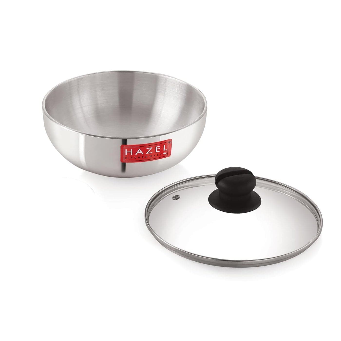 HAZEL Aluminium Kadai Without Handle Polished Aluminium Tasra Tasla Cookware With Glass Cover Lid 1500 MlSilver
