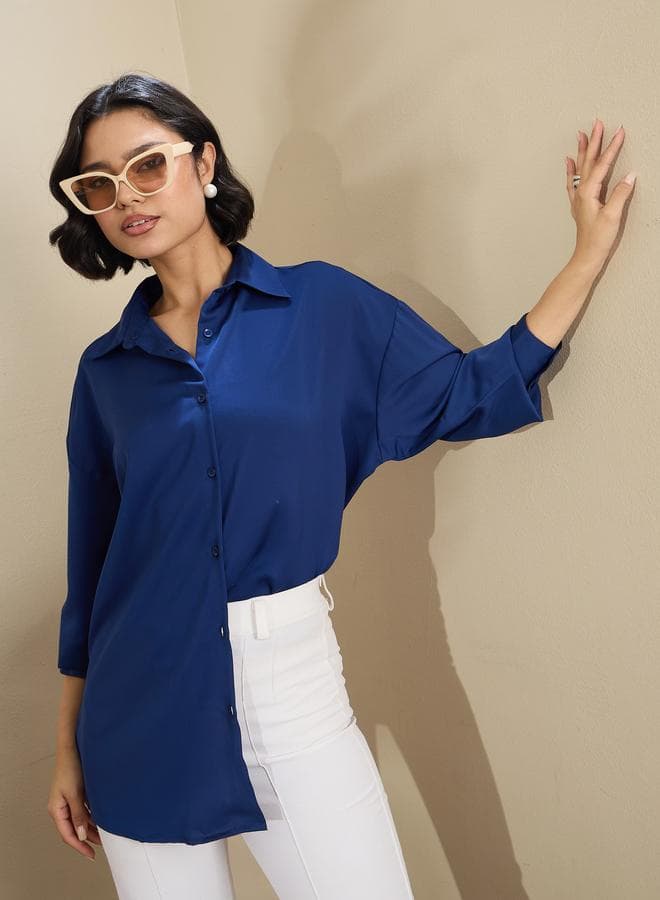SASSAFRAS Royal Blue Satin Oversized Curved Hem Shirt