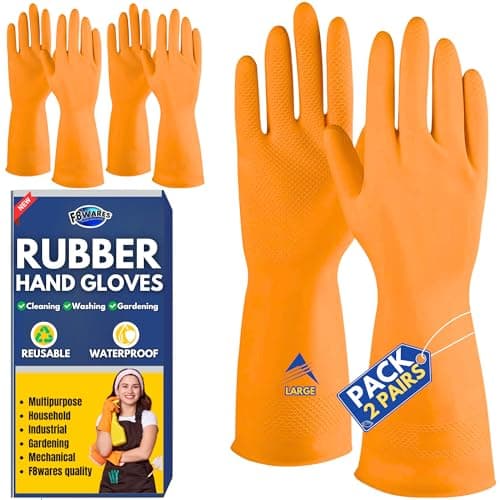F8WARES 2 Pairs Multi Purpose Extra Thick Rubber Hand Gloves for Cleaning, Dish-washing, Gardening and Industrial Use with Anti Slip Grip - Reusable & Waterproof Suitable for Kitchen Bathroom & Toilet