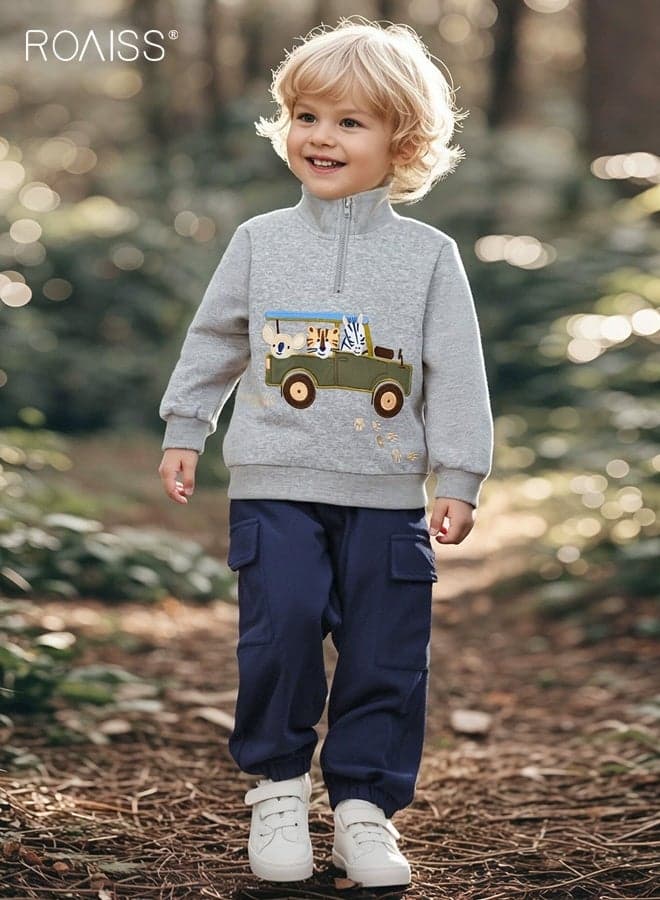 2PCS Boy Clothes Set, Stylish Comfortable Sweatshirt Set, Stand Collar Half Zip Sweatshirt and Elastic Waist Cargo Pants Set, Suitable for Daily Wear, Sports and Outdoor Activities