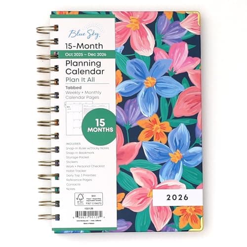 Blue Sky 15 Month 2026 Weekly and Monthly Planner Calendar October 2025 December 2026 5 x 8 Hard Cover Durable Twin Wire Binding Laminated Tabs Storage Pocket Includes Ruler Sticky Notes Stickers Nerina