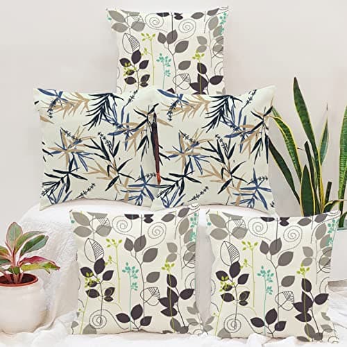 BRICK HOME Set of 5 Polycotton Printed Cushion Covers 24x24 Inches | Botanical Leaf Design | Navy Blue, Beige, Brown & Green | Soft Decorative Pillow Covers for Sofa, Couch & Living Room