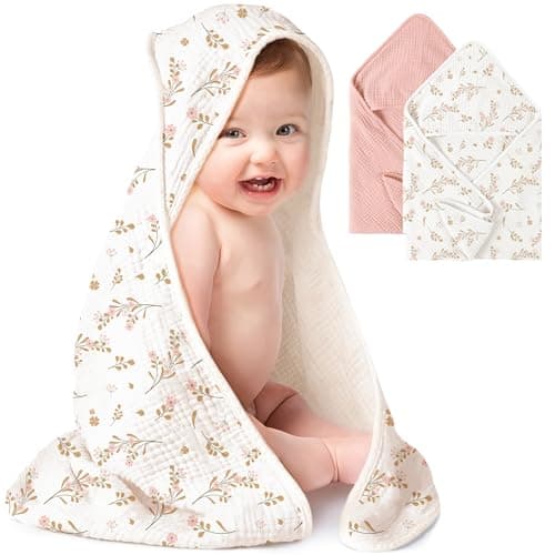 Konssy 2Pack Muslin Hooded Baby Towels 100 Cotton UltraSoft Absorbent Baby Bath Towels with Hood for Newborn Infant Pink Floral30 x 30