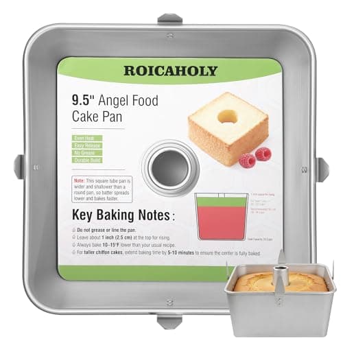 Roicaholy Square Angel Food Cake Pan with Removable Bottom, 9.5 Inch Aluminum Alloy Tube Pan with Cooling Feet, 24-Cup Capacity for Chiffon and Sponge Cakes
