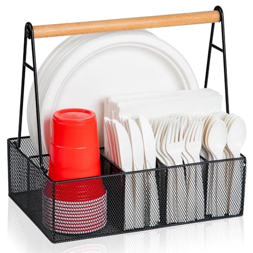 Paper Plate Organizer with Handle for Countertop Metal Silverware Caddy for Cup Napkin Fork and Spoon Paper Plate and Utensil Holder Cutlery Caddy for Party Camping Picnic Black