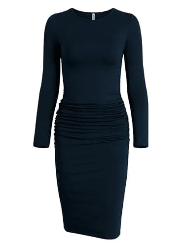 Missufe Long Sleeve Ruched Casual Sundress Women's Knee Legnth Bodycon Sheath Dress (Dark Blue, Small)