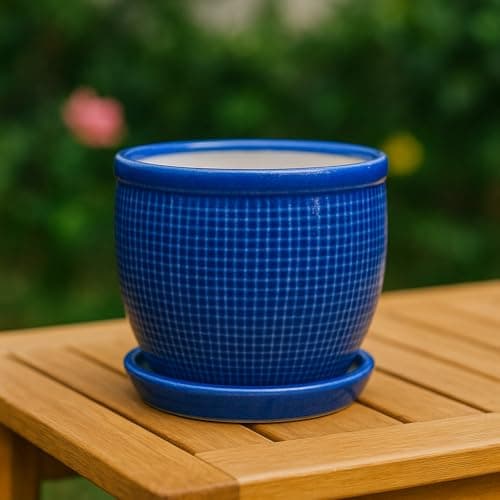 Abana Homes Ceramic Pot – 5-Inch Glazed Blue Round Ceramic Planter with Drainage Tray | Indoor Flower Pot for Living Room Décor (12.7 cm)