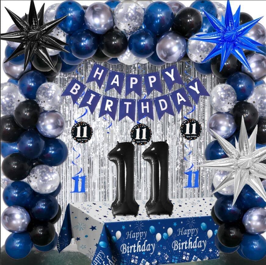 11th Birthday Decorations for Boys and Girls Dark Blue 11 Year Old Birthday Decorations with HAPPY BIRTHDAY Banner Number 11 Balloon Tablecloth Foil Star Balloons Garland Arch Kit Party Supplies
